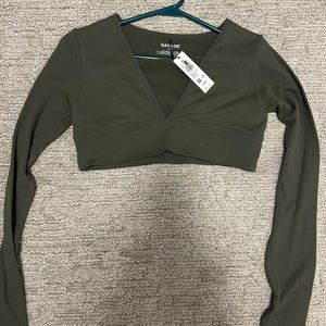 Long Sleeve Deep Plunge Crop Top - Dark Green